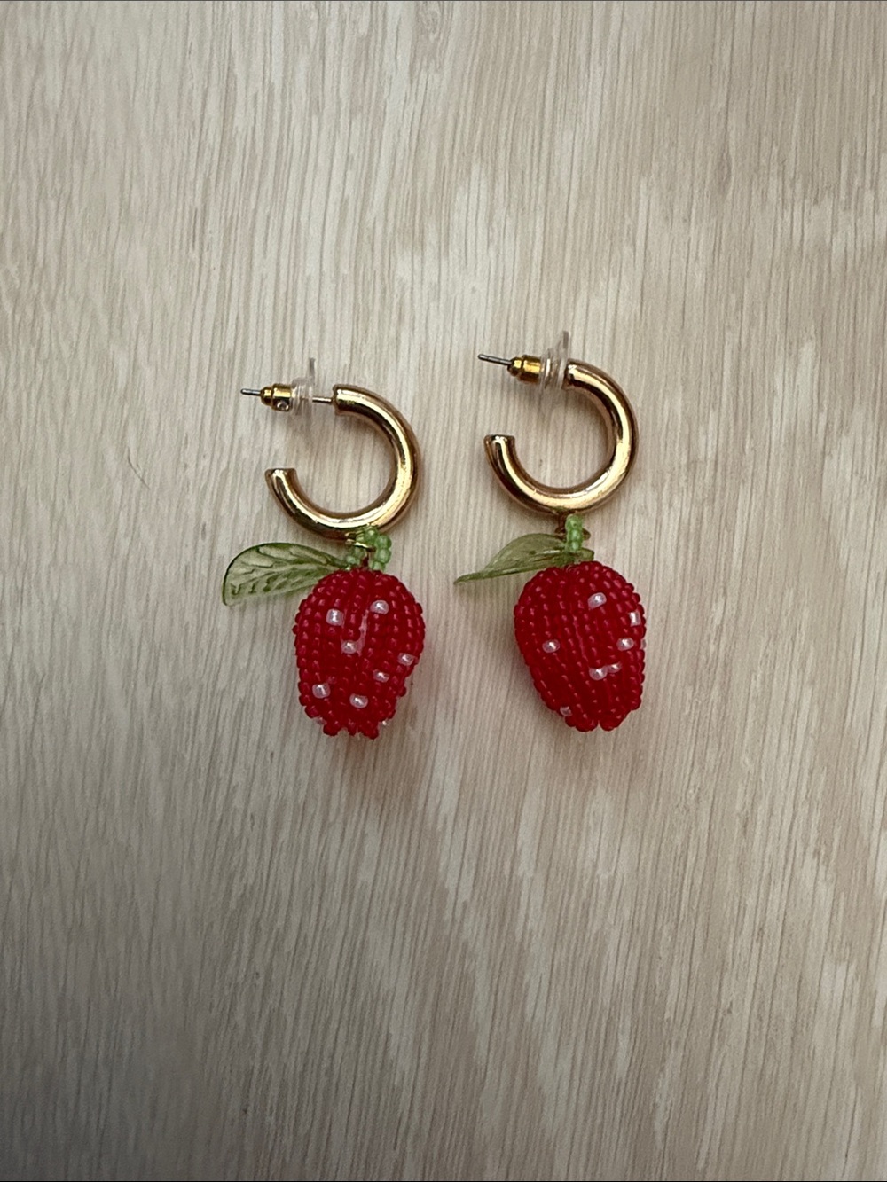 Beaded Strawberry Drop Hoop Earrings - Red & Green